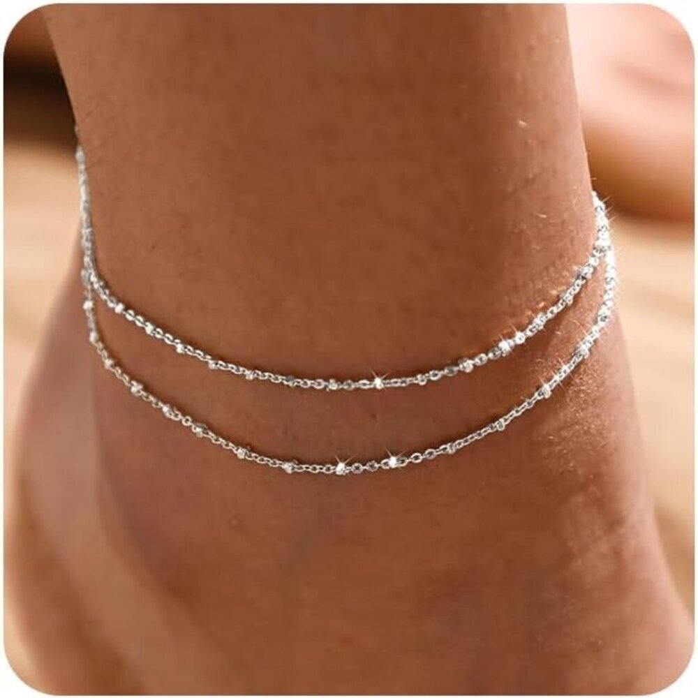 Silver and Gold Ankle Bracelets Set Women Layered Cuban Heart Beads Waterproof